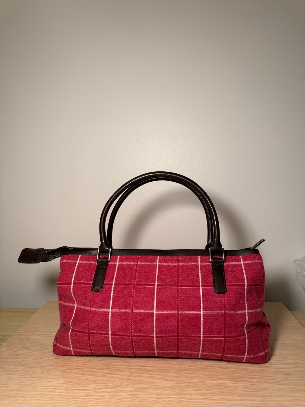 Pink Plaid Top-Handle Purse with Dark Brown Trim
